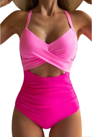 Women's One Piece Swimsuits Tummy Control Cutout High Waisted Bathing Suit Wrap Tie Back