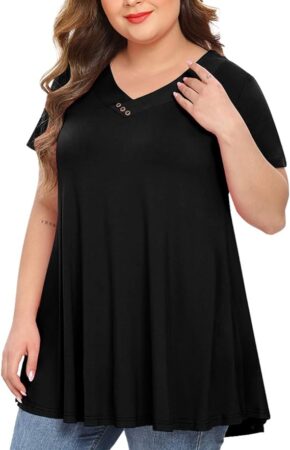 Womens Plus Size Short Sleeve V Neck Button Basic Tunic Tops