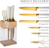 Stainless Steel White and Gold Knife Set with Block - 7 Piece Gold Kitchen Knife Set