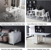 Folding Dining Table with Rack and 2 Storage Drawers, Movable Extendable Space Saving Kitchen Table in 3 Forms